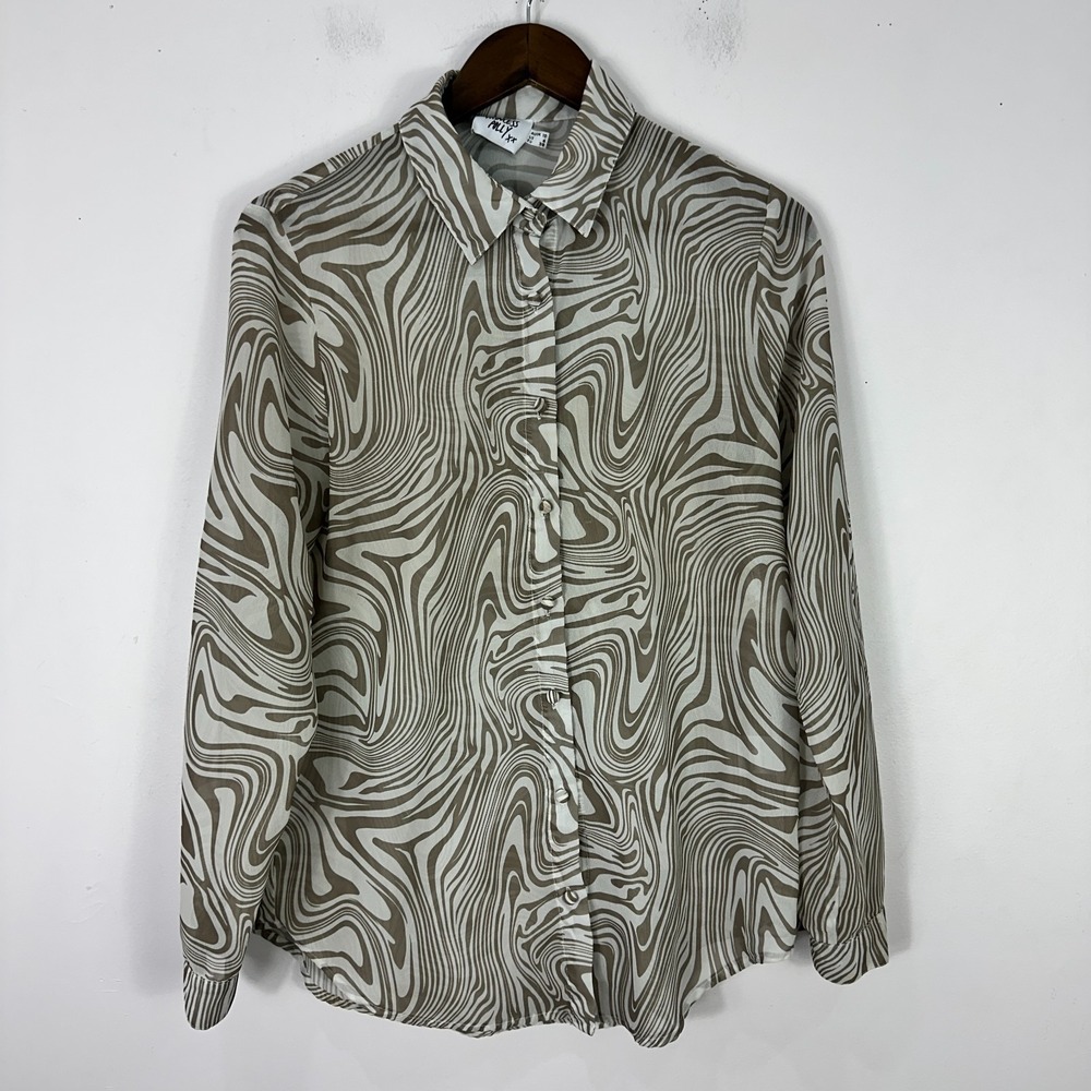 Princess Polly Blouse 6 Beige Brown Swirl Print Y2K Sheer Button Down Top Indie